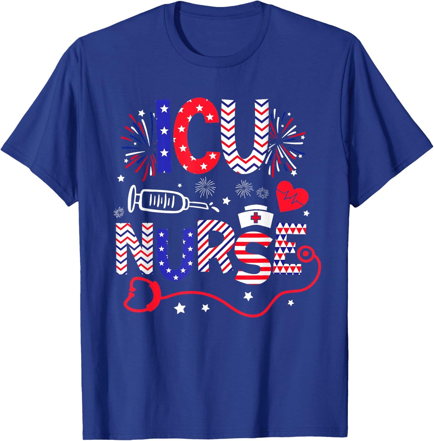 ICU Nurse 4th Of July Patriotic American Flag Stethoscope T-Shirt - T-Shirt | Royal