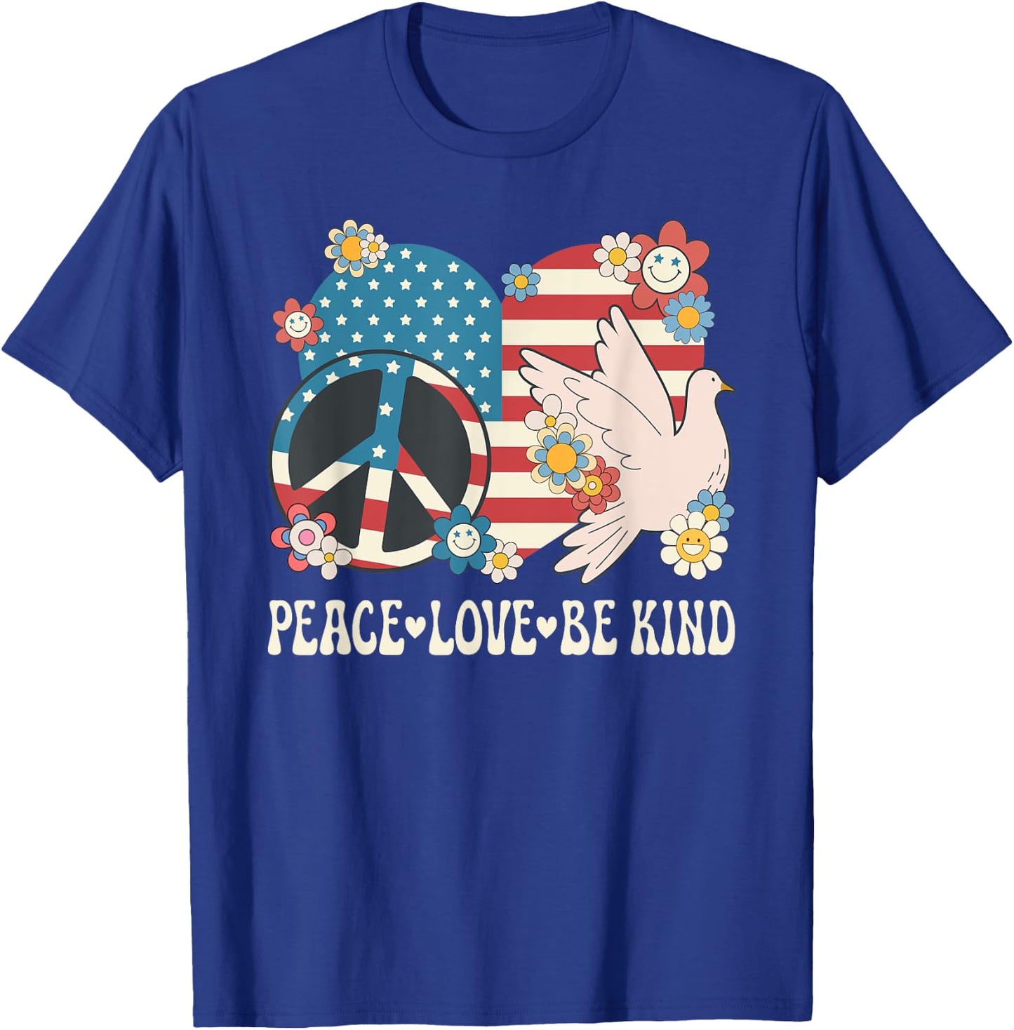 Peace Love Be Kind American Flag Patriotic Women Kindness T-Shirt - T-Shirt | Royal