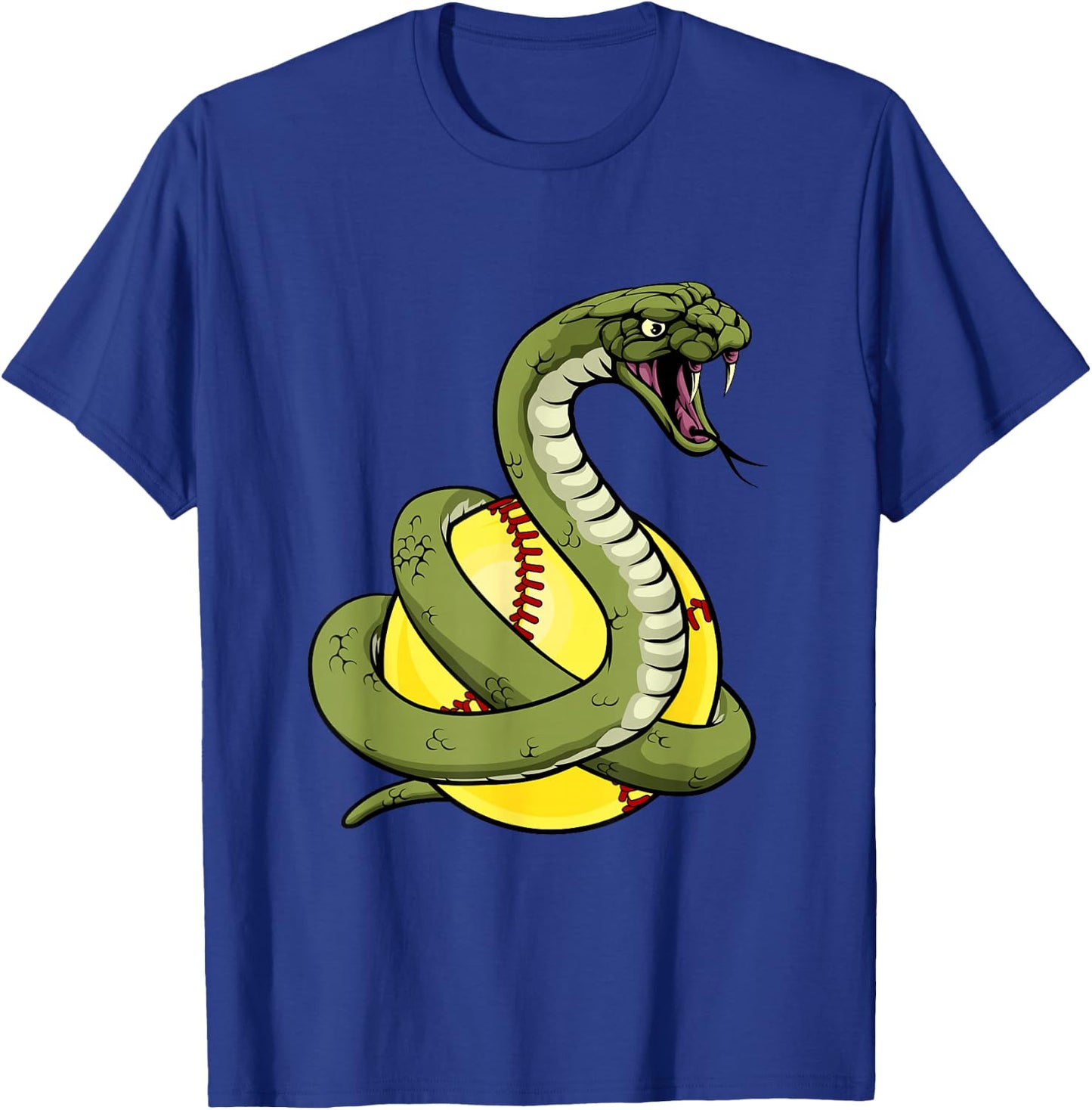 Viper Snake Cartoon Character Holding a Softball Ball T-Shirt - T-Shirt | Royal