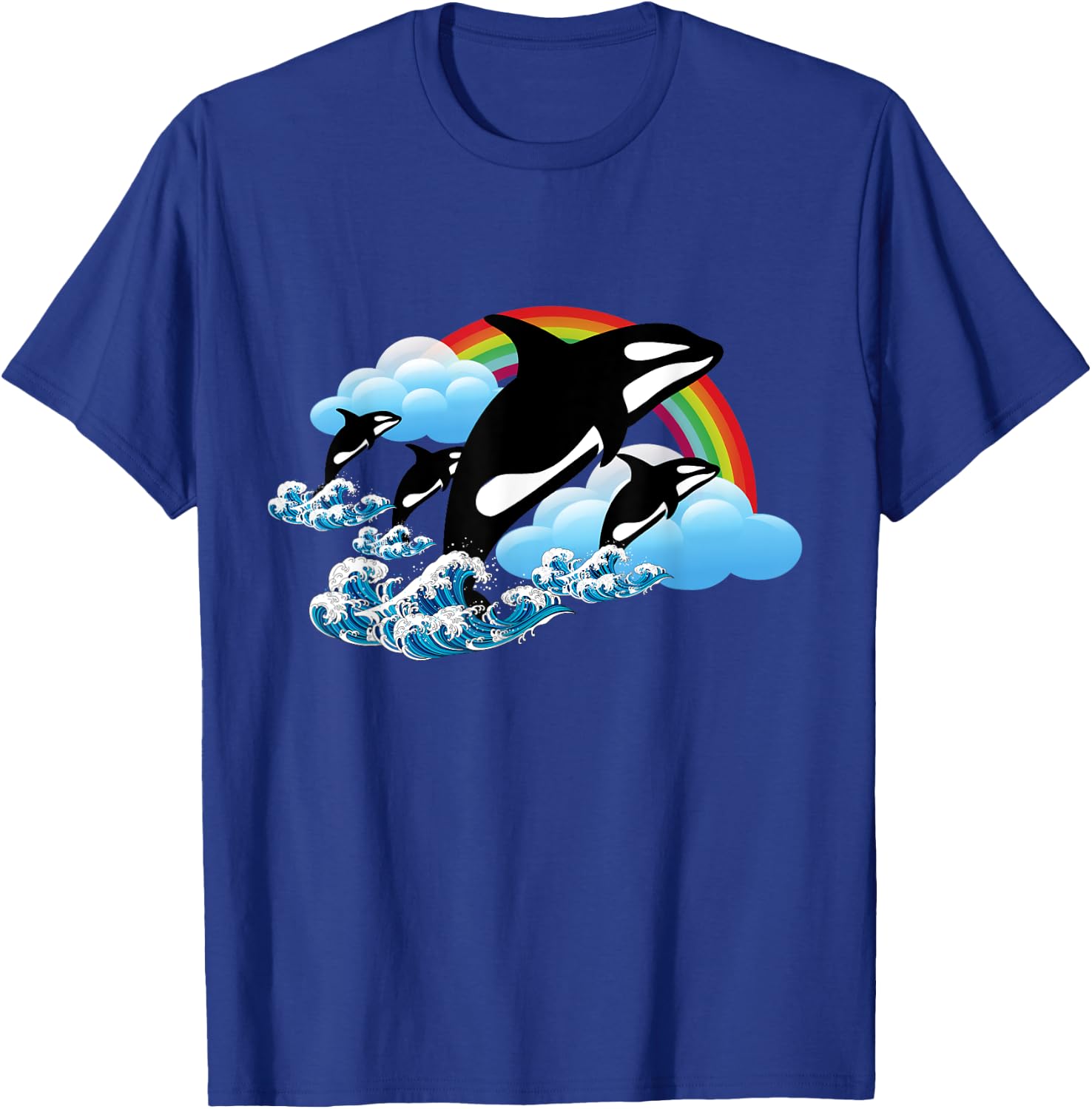 Killer Orca Whale Family Jumping Over Rainbow - Funny T-Shirt - T-Shirt | Royal