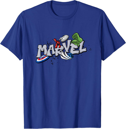 Marvel Super Heroes Graffiti Tag Style Paint Splatter Logo T-Shirt - T-Shirt | Royal