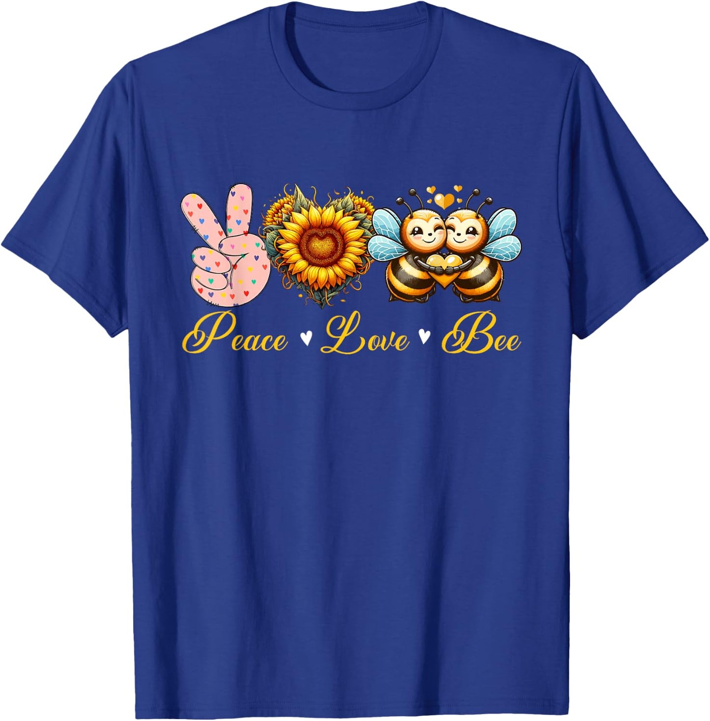 Peace Love Bee Insects Sunflowers Peace Hand Sign Heart T-Shirt - T-Shirt | Royal