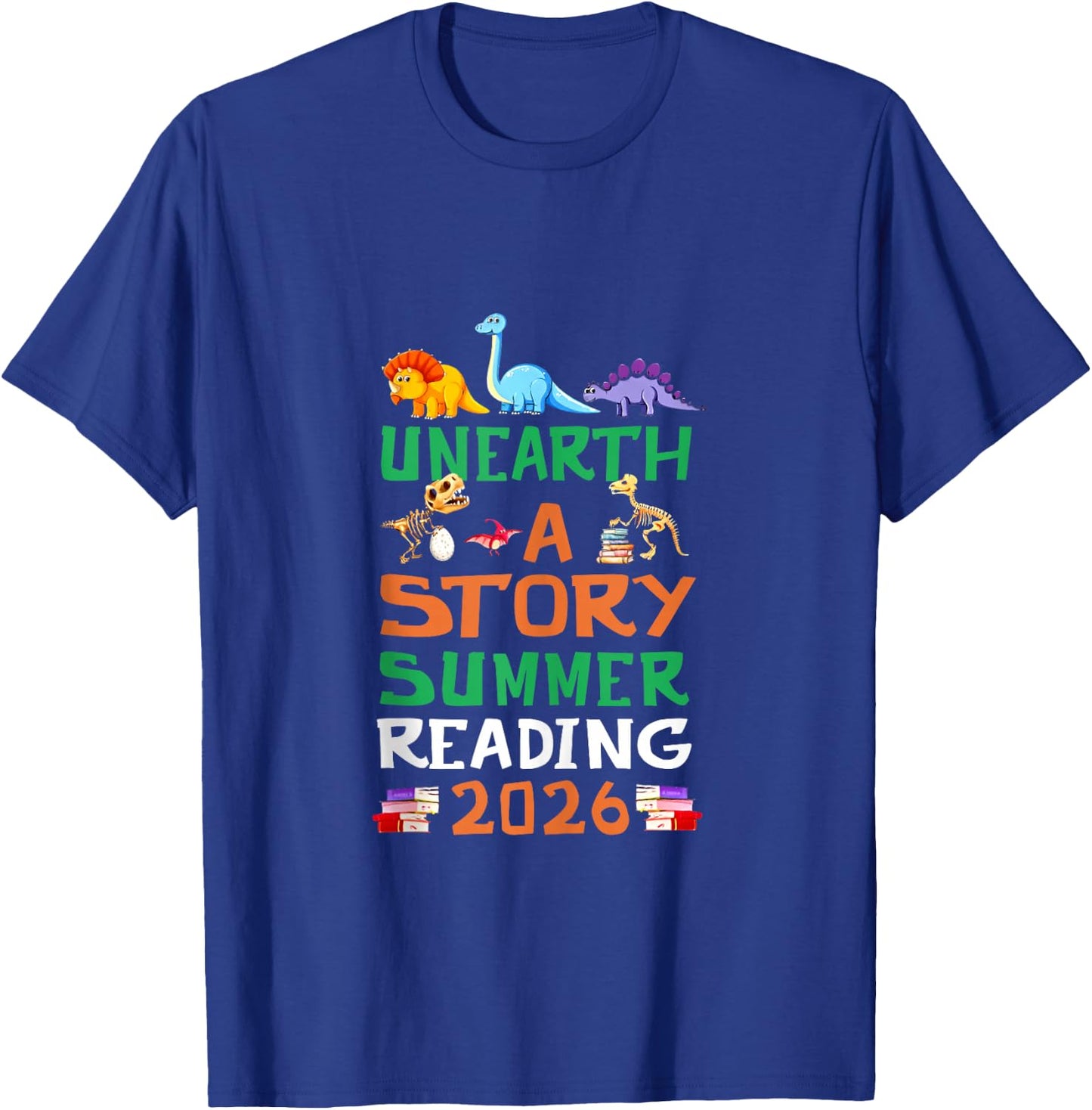 Unearth A Story Summer Reading Program 2026 Dinosaur Book T-Shirt - T-Shirt | Royal