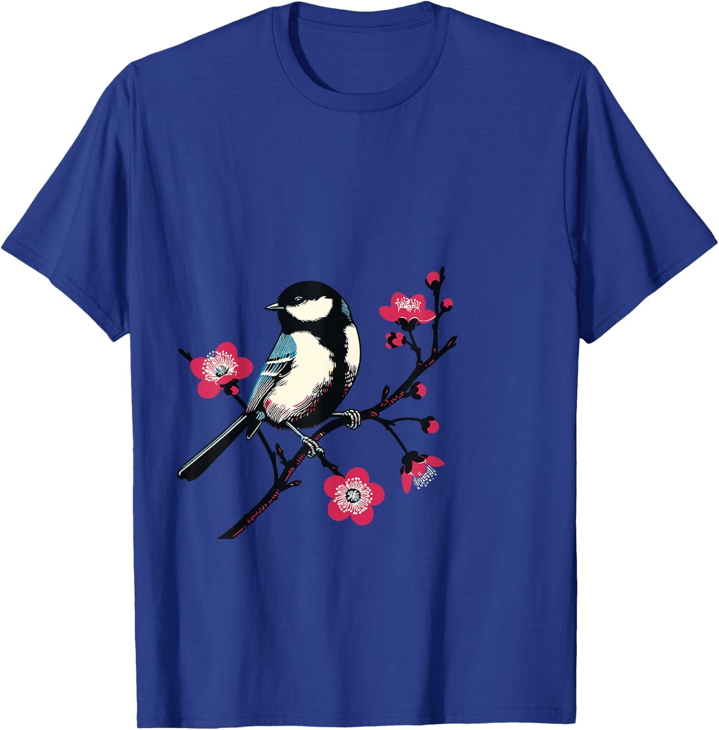 Bird on Branch with Flowers Nature Art for Bird Lovers , Blue, S T-Shirt - T-Shirt | Royal