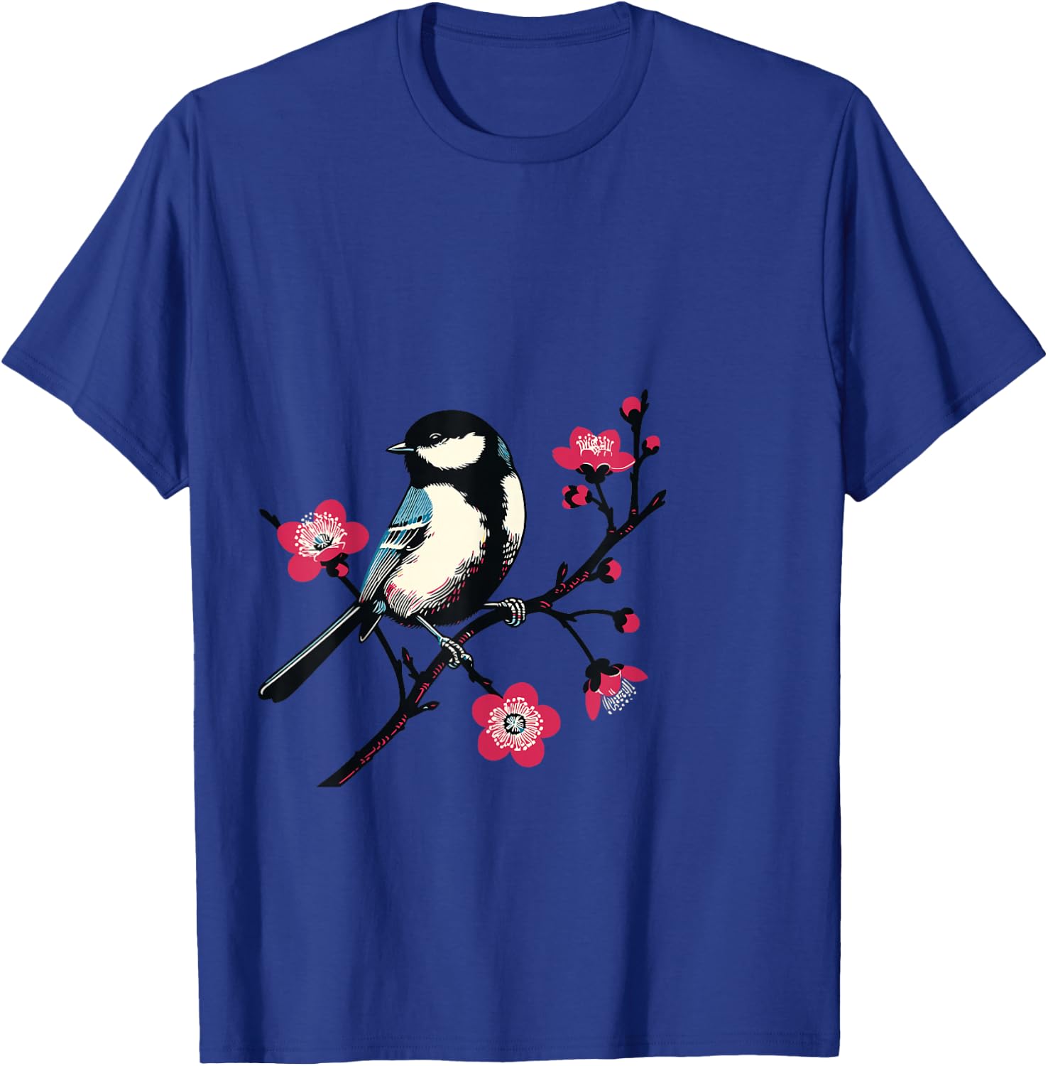 Bird on Branch with Flowers Nature Art for Bird Lovers , Blue, S T-Shirt - T-Shirt | Royal