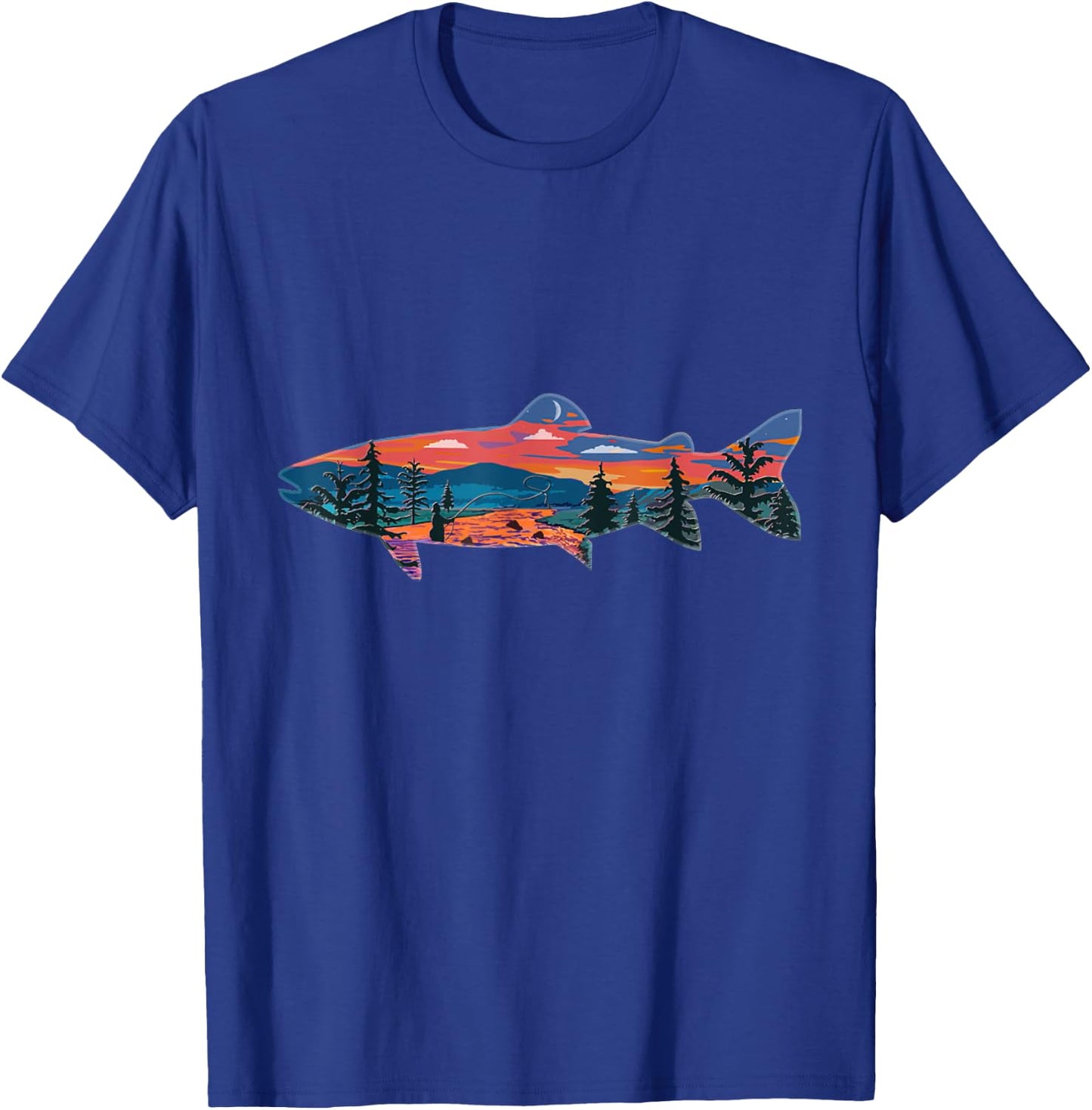 Trout Silhouette Fly Fishing Mountain Sunset River Stream T-Shirt - T-Shirt | Royal