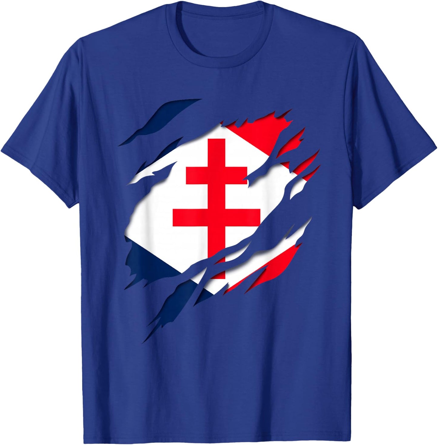Gaullism Flag Cross of Lorraine Torn 3D Effect France , Black, S T-Shirt - T-Shirt | Royal