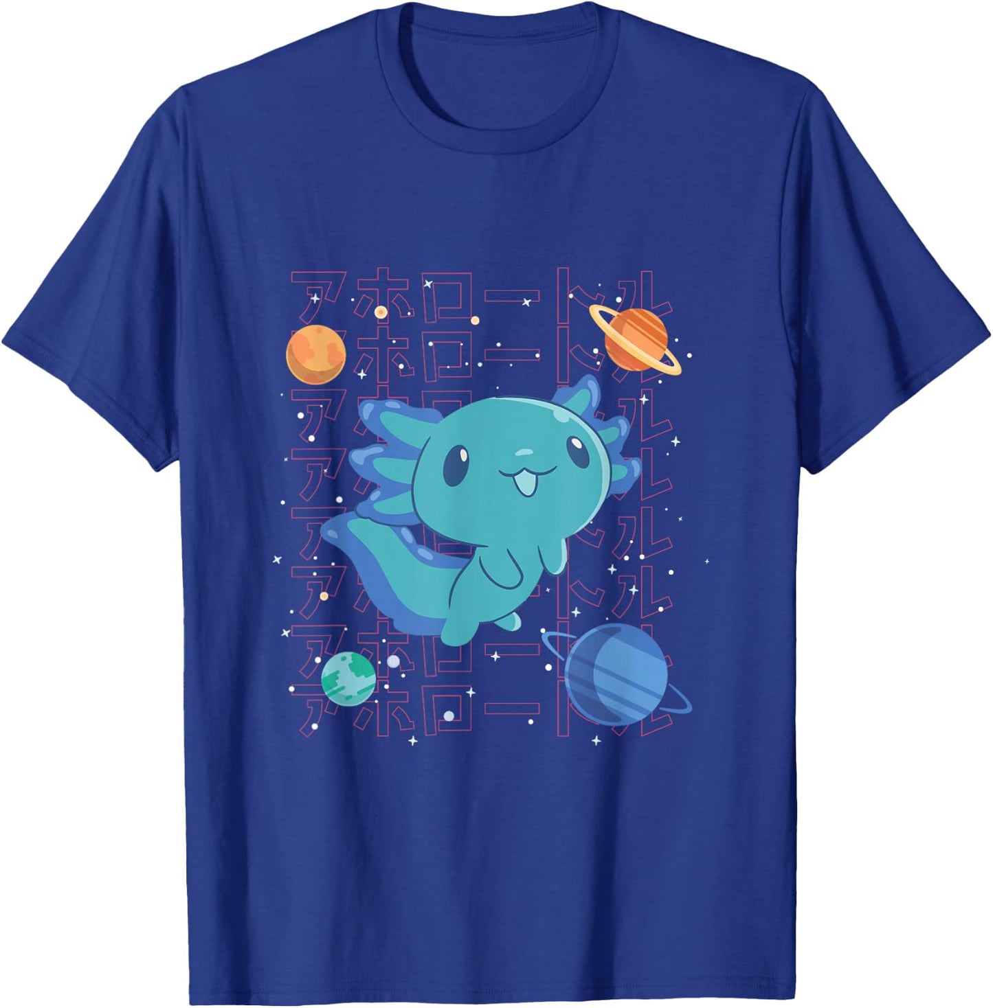 Kawaii Axolotl in Space with Planets Cute Japanese Science T-Shirt - T-Shirt | Royal
