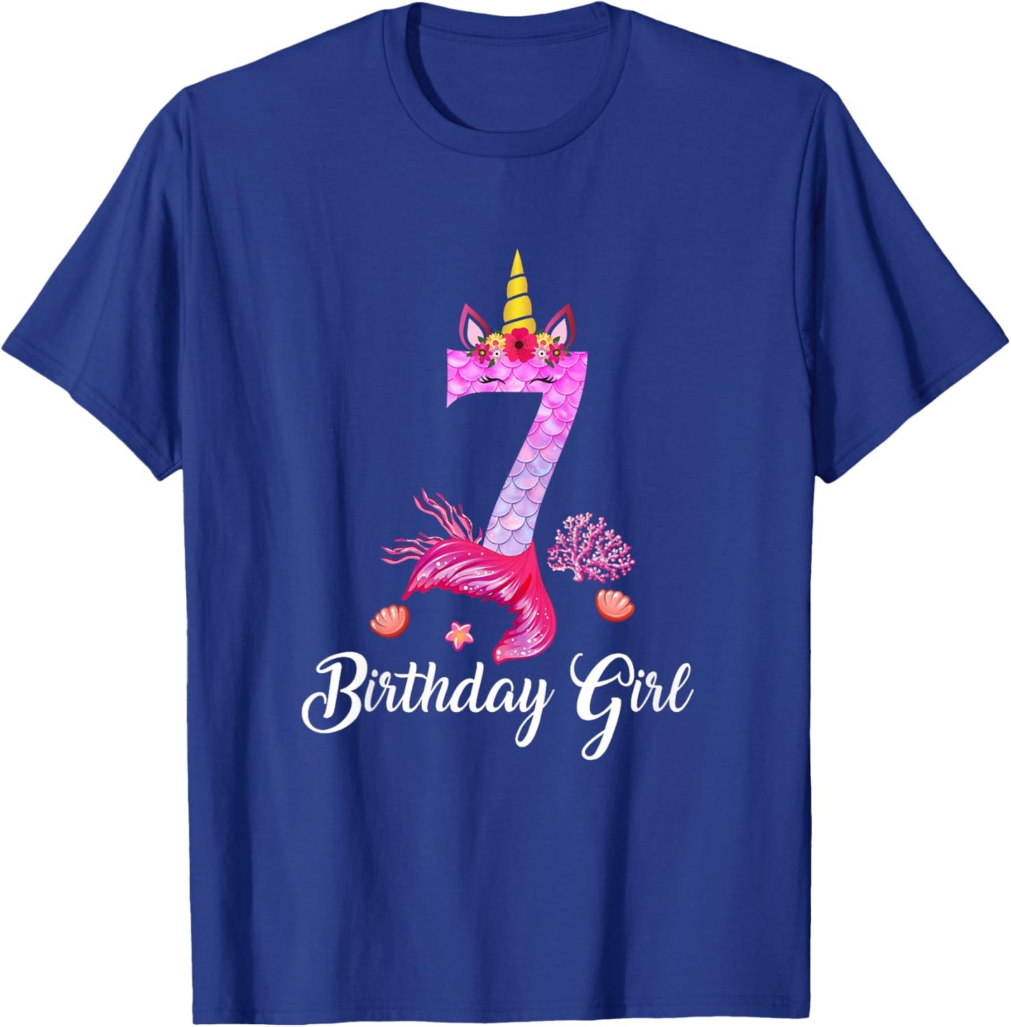 7th Mermaid Tail Shirt Unicorn Number 7 Years Old Birthday T-Shirt - T-Shirt | Royal