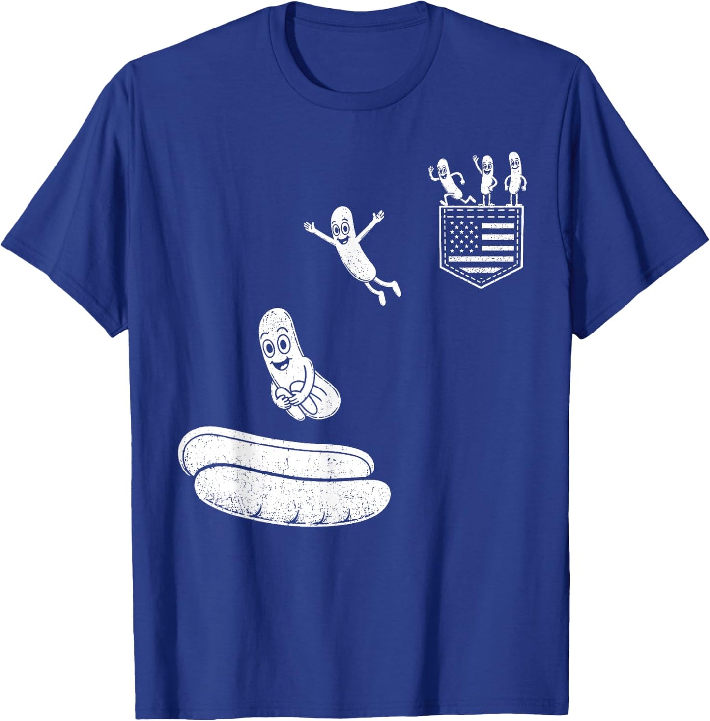 Funny 4th of July Patriotic Hot-Dog BBQ Flying into Bun 250 T-Shirt - T-Shirt | Royal