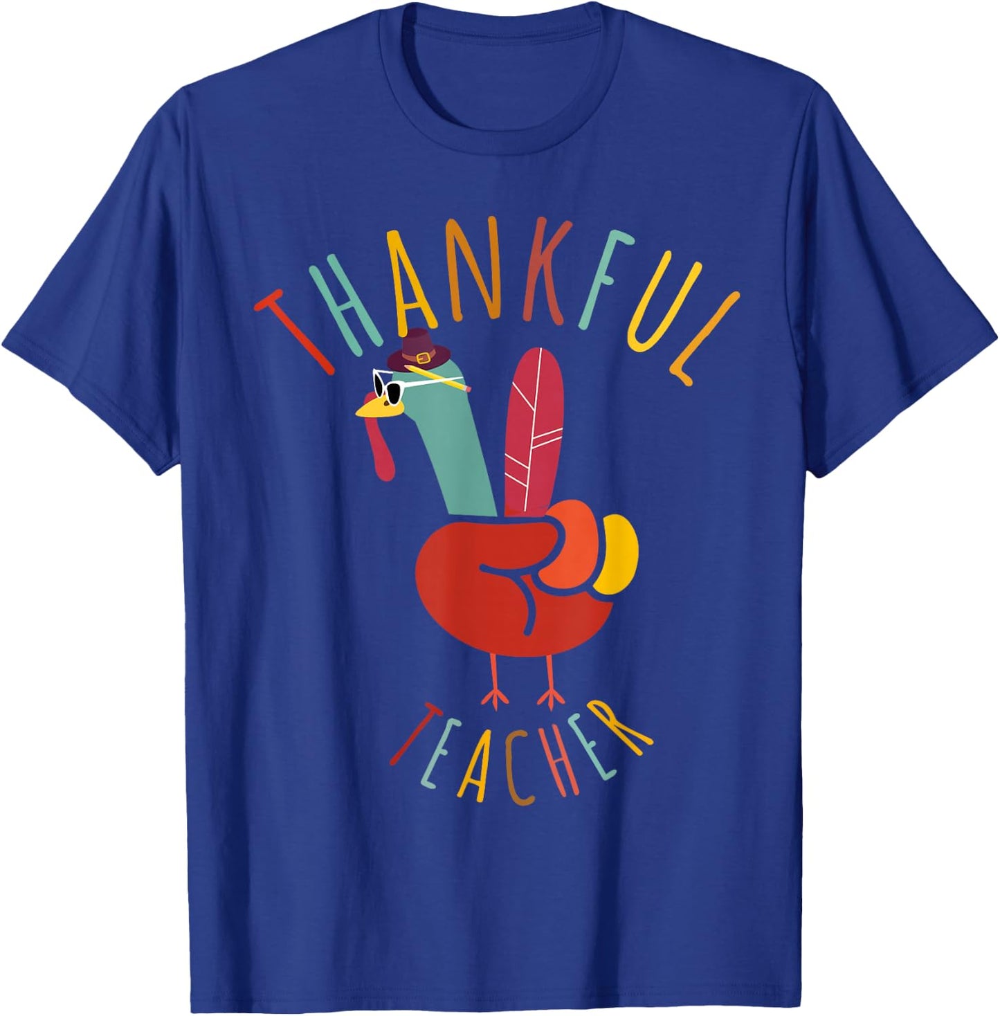 Peace Hand Sign Turkey Funny Thankful Teacher Thanksgiving T-Shirt - T-Shirt | Royal