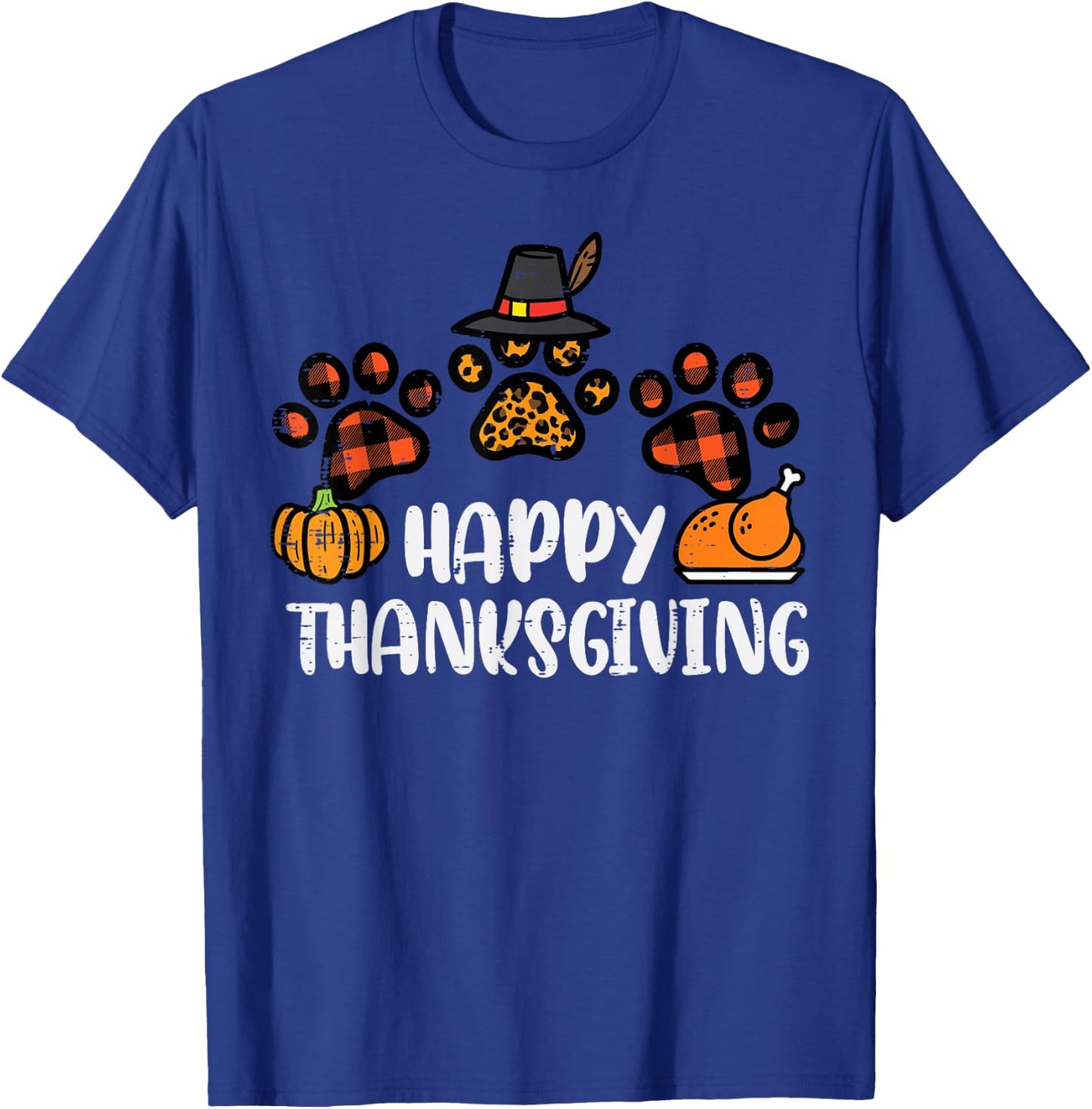 Happy Thanksgiving Dog Cat Paws Turkey Day Women Kids Men T-Shirt - T-Shirt | Royal