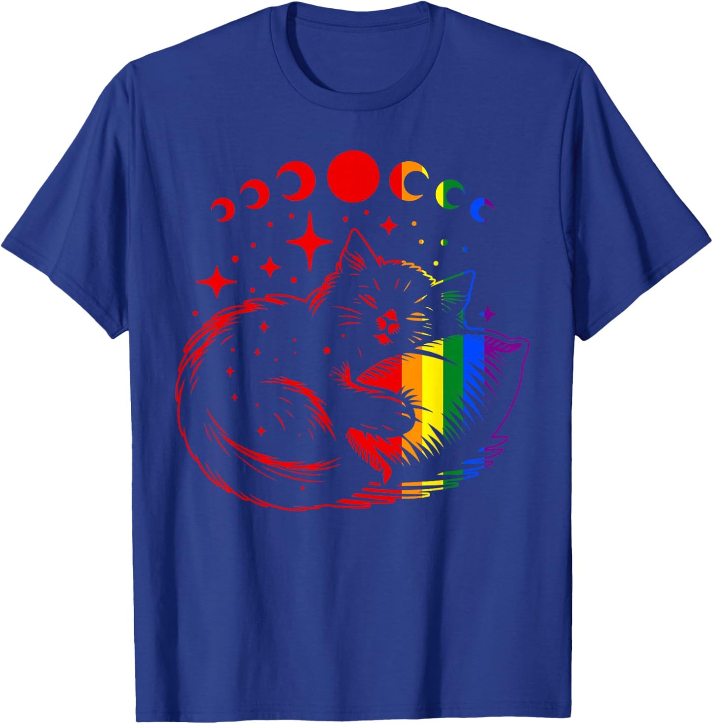 Rainbow Cat Sleeping with Moon Phases and Stars Gay Pride T-Shirt - T-Shirt | Royal