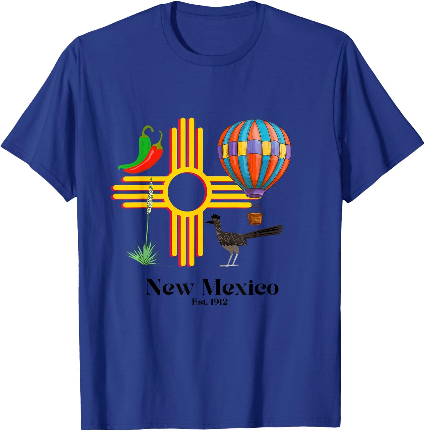 New Mexico Zia: Chiles, Balloon, Roadrunner, Yucca Est. 1912 T-Shirt - T-Shirt | Royal