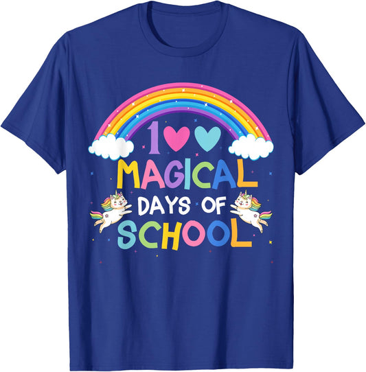 100 Magical Days of School Rainbow Unicorn Cat 100th Day T-Shirt - T-Shirt | Royal