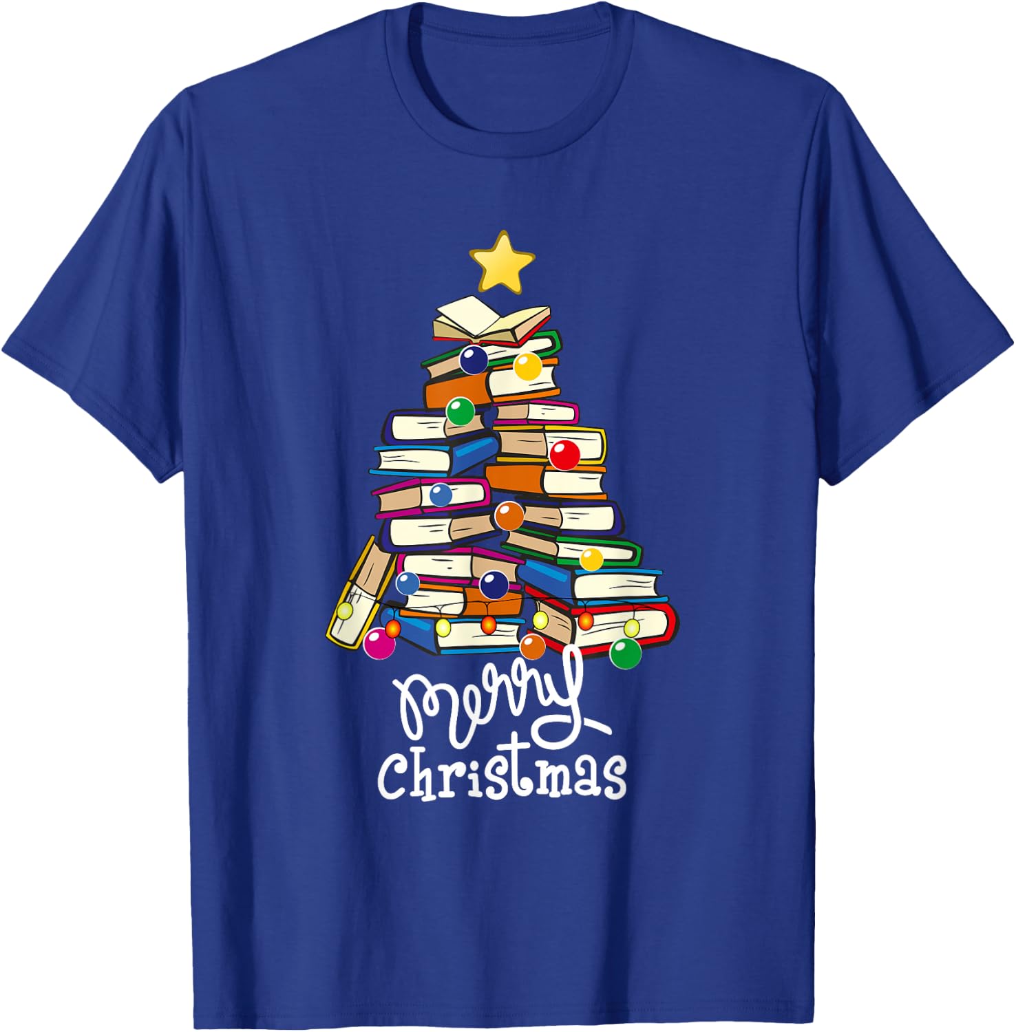 Merry Christmas Tree Love Reading Books Librarian Nerd T-Shirt - T-Shirt | Royal