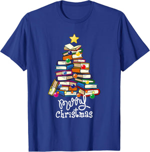 Merry Christmas Tree Love Reading Books Librarian Nerd T-Shirt - T-Shirt | Royal
