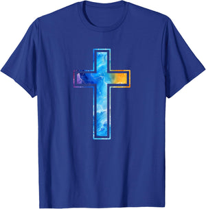 Silhouette Religious Faith Watercolor Cross Christian , Black, S T-Shirt - T-Shirt | Royal