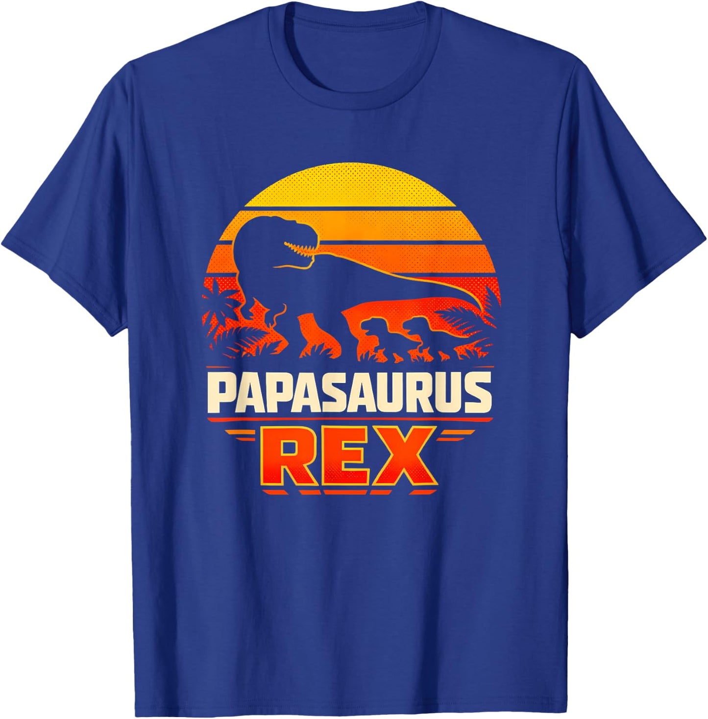 Papasaurus Rex T-Rex Dinosaur Retro Sunset Father Apparel T-Shirt - T-Shirt | Royal