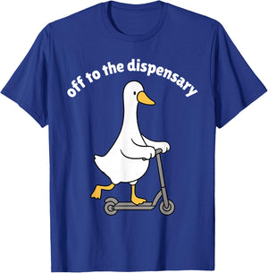 Off to The Dispensary Goose Funny Scooter Riding Duck Meme T-Shirt - T-Shirt | Royal