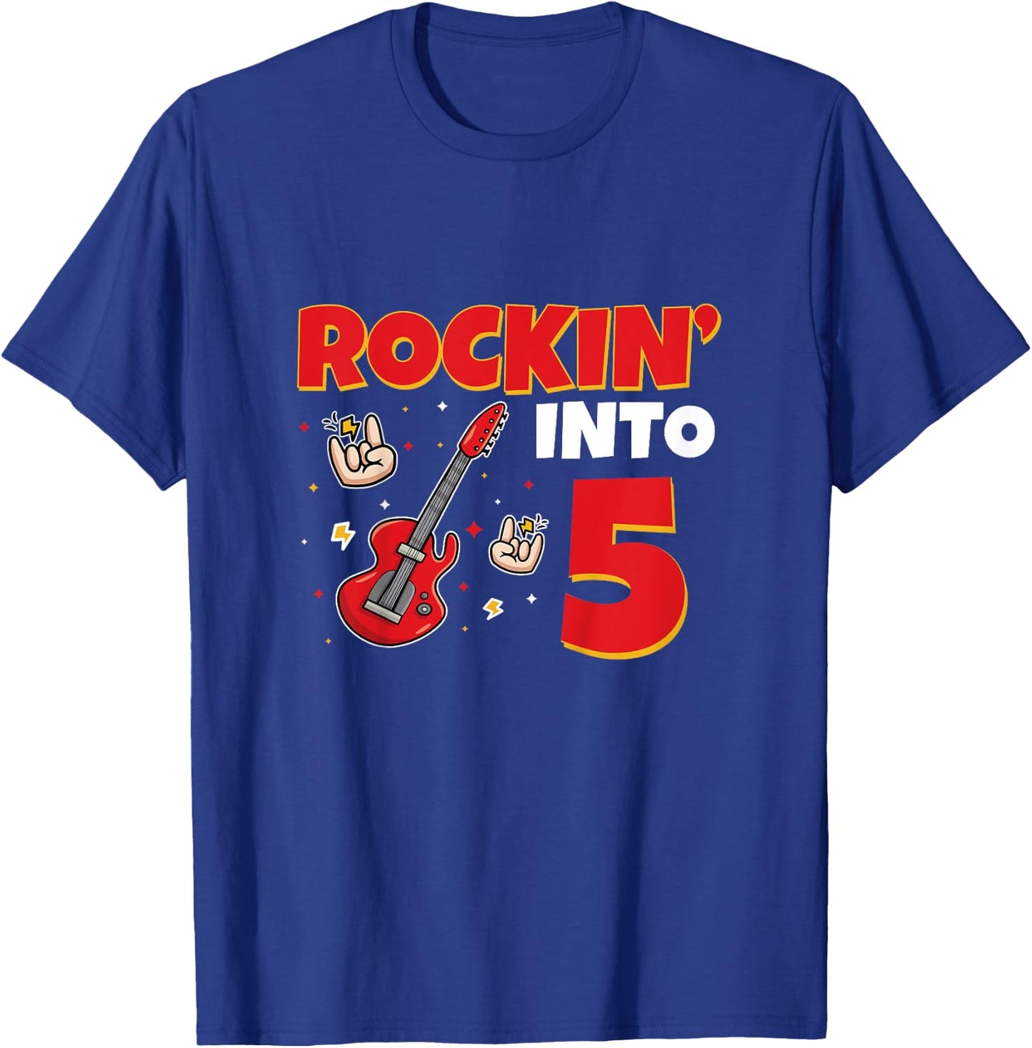 Rockin Into 5 Rockstar Guitar 5 Year Old 5th Birthday T-Shirt - T-Shirt | Royal
