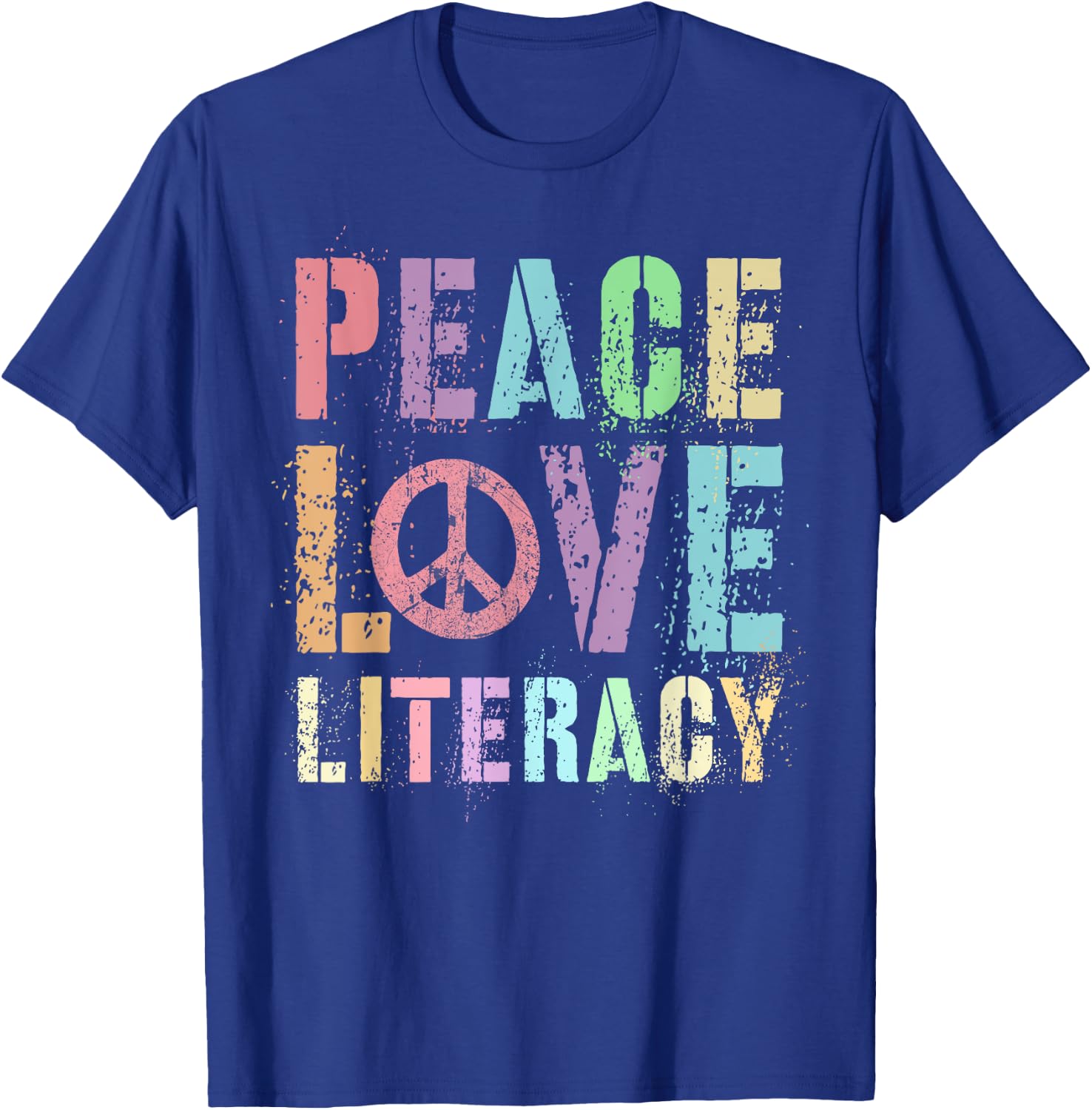 Groovy PEACE LOVE LITERACY Teacher Library Reading Preschool Men Women Girls Kids T-Shirt - T-Shirt | Royal