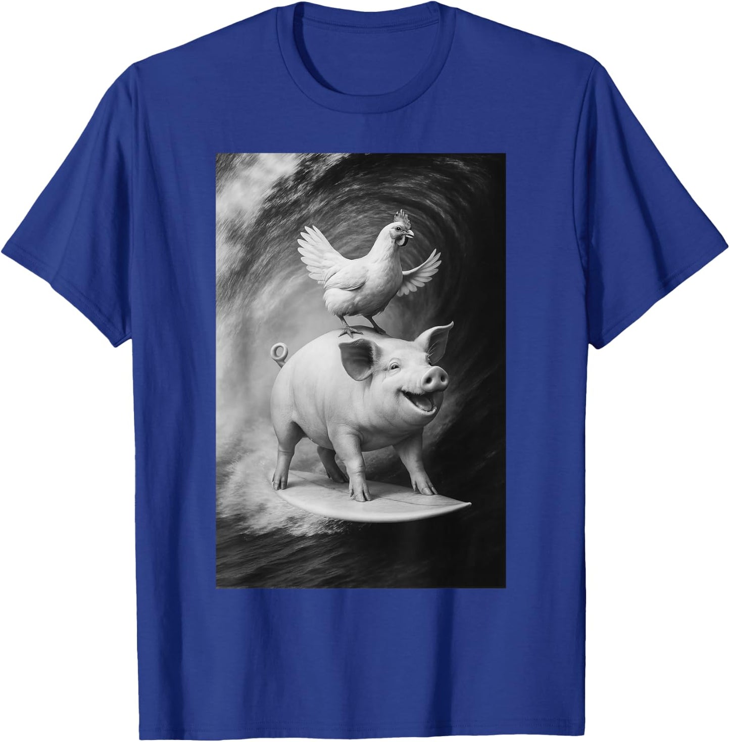 Funny Surfing Pig and Chicken Selfie On Farm Animal T-Shirt - T-Shirt | Royal