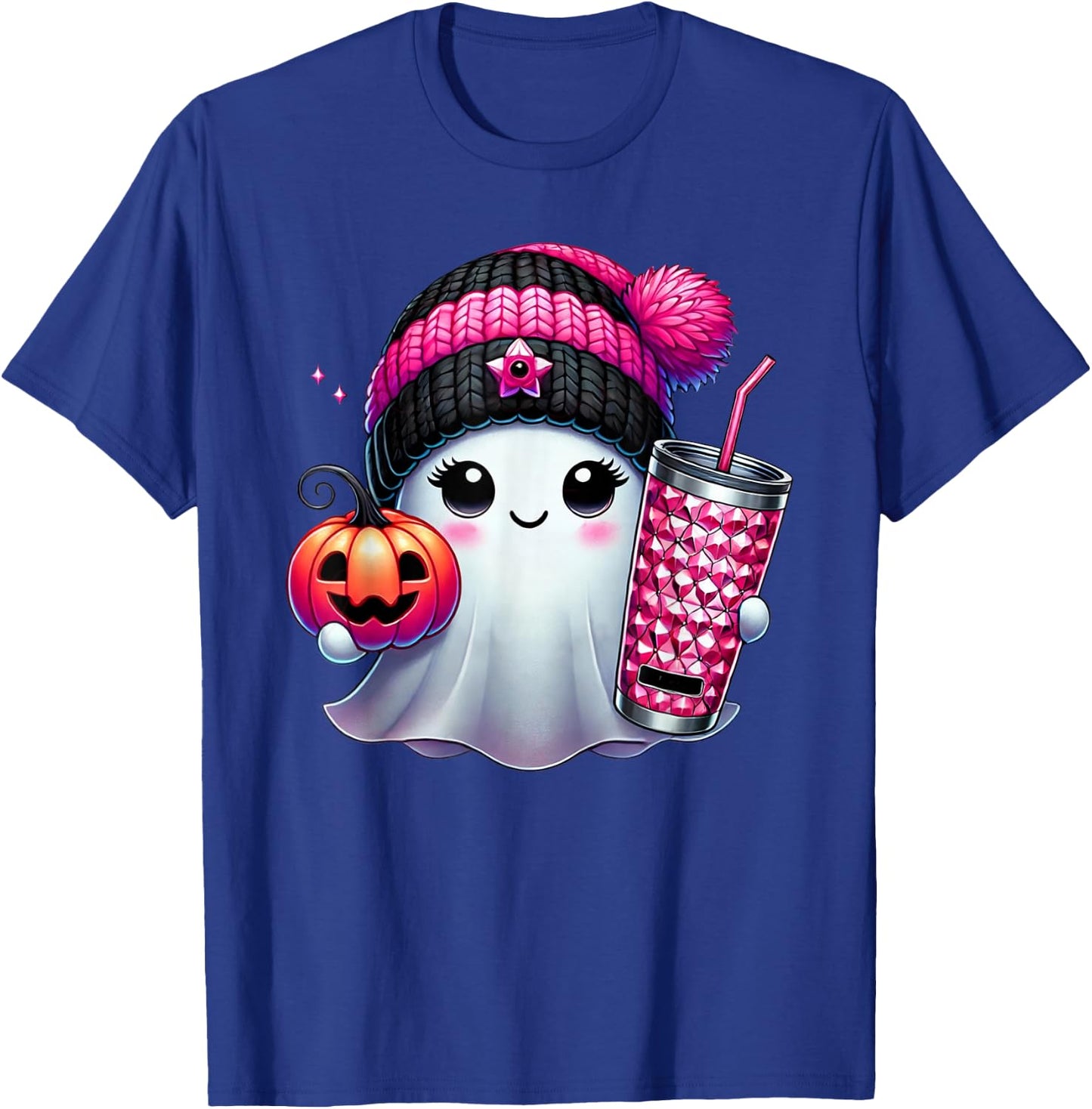 Cute Ghost Drinking Coffee Halloween Ghost Ice Coffee T-Shirt - T-Shirt | Royal