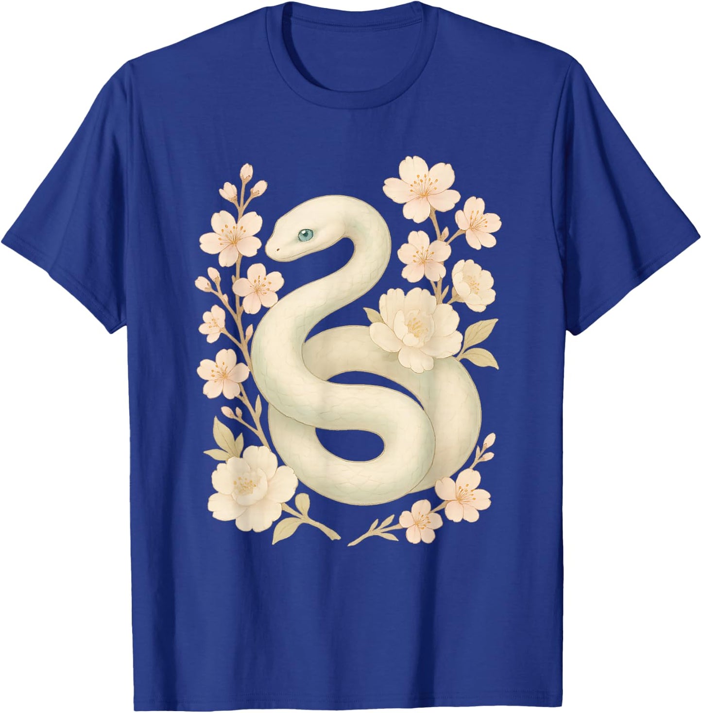 Elegant White Mint Snake with Peony Cherry Blossom Flowers T-Shirt - T-Shirt | Royal
