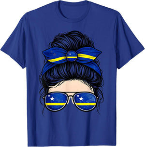 Caribbean Curacao Flag Messy Bun Sunglasses Pride T-Shirt - T-Shirt | Royal