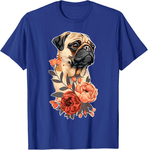 Cute Pug Dog Flowers Pug T-Shirt - T-Shirt | Royal