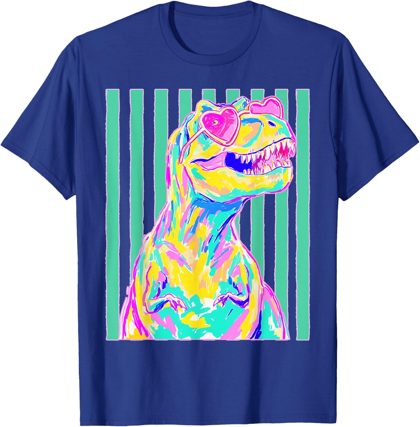 Cute T-rex with Heart Sunglasses Dinosaur Summer Stripes T-Shirt - T-Shirt | Royal