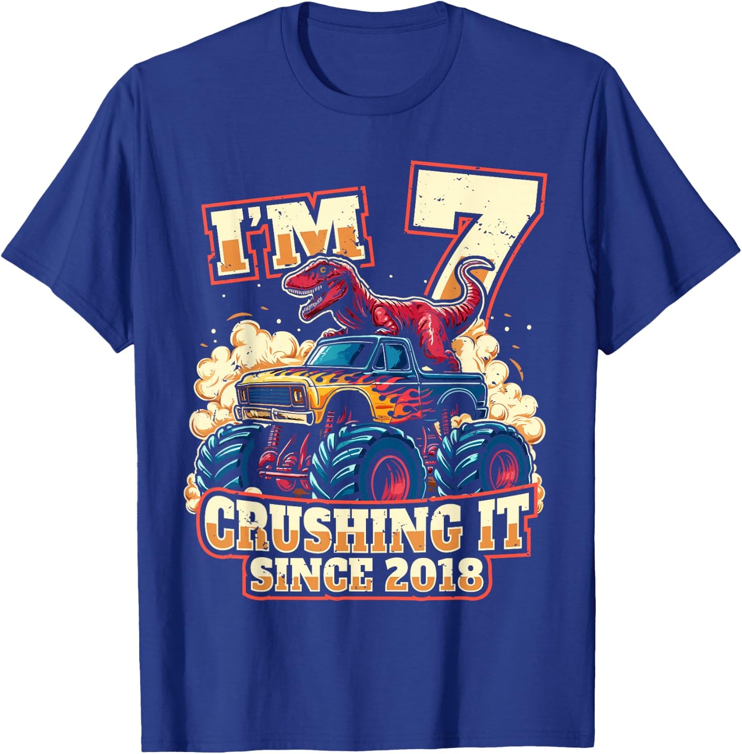 7 Year Old Boys 7th Birthday Dinosaur Monster Truck Party T-Shirt - T-Shirt | Royal