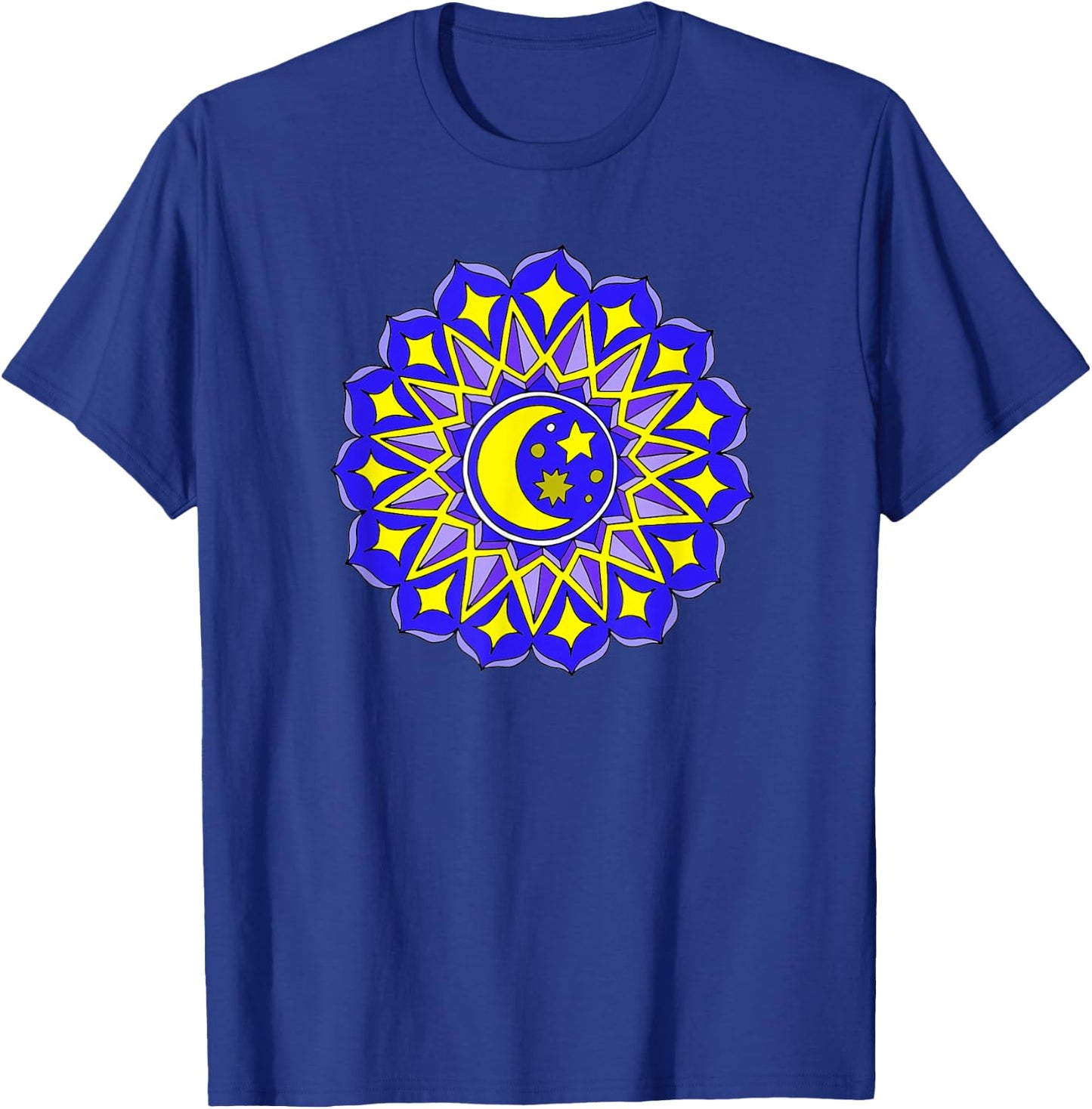 Mandala Moon Stars Blue Yellow Yoga Design Hindu Buddhist T-Shirt - T-Shirt | Royal