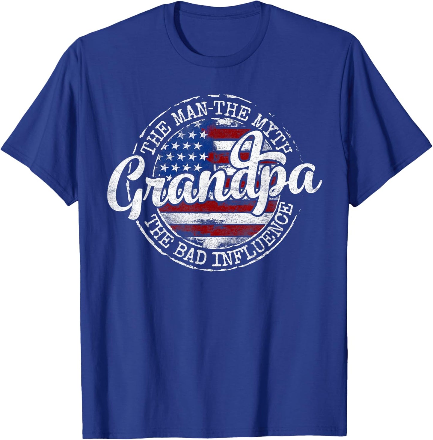 Grandpa Man Myth Bad Influence USA Flag Stamp Fathers Day T-Shirt - T-Shirt | Royal