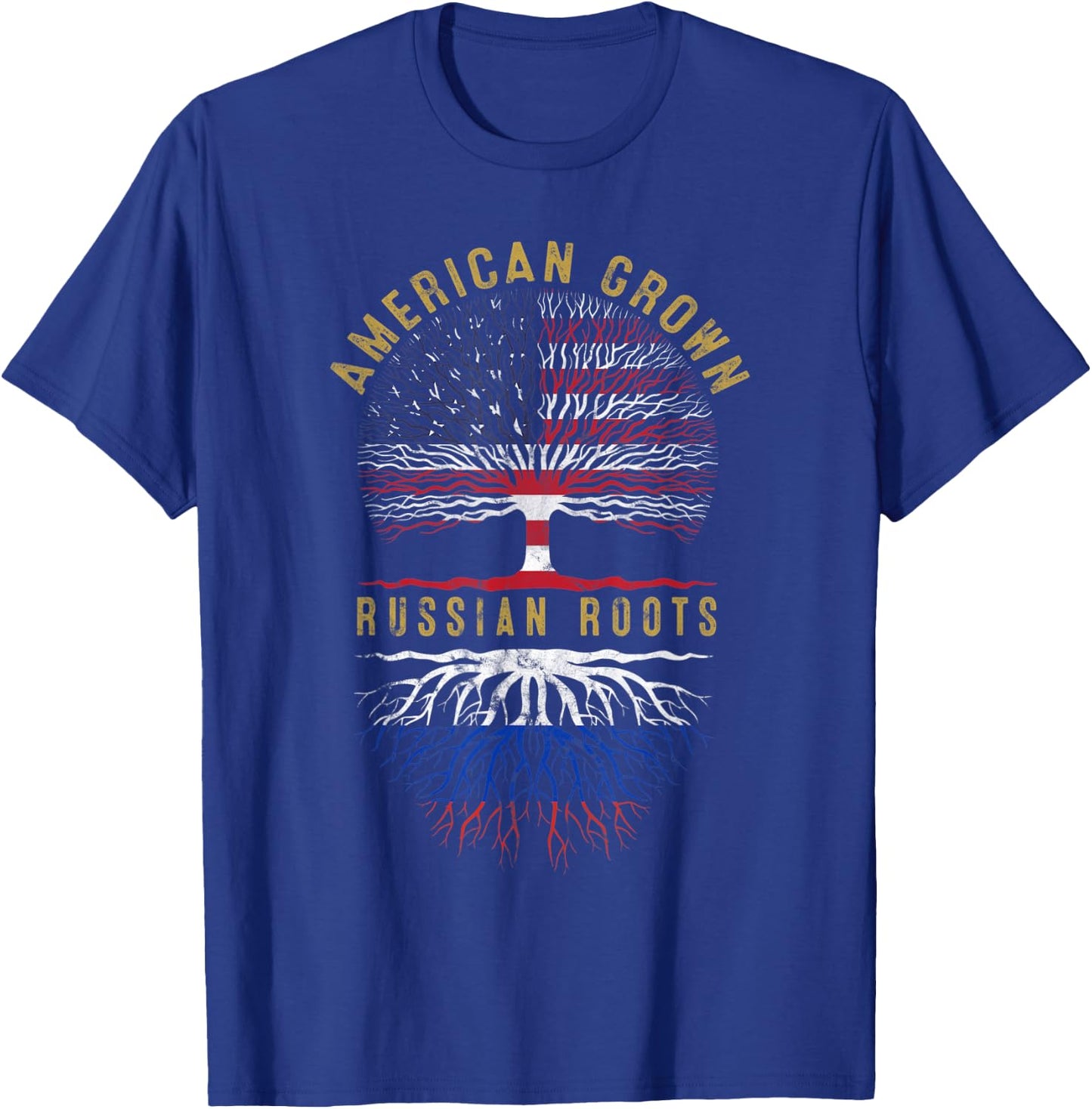 Distressed Tree USA Flag American Grown Russian Roots T-Shirt - T-Shirt | Royal