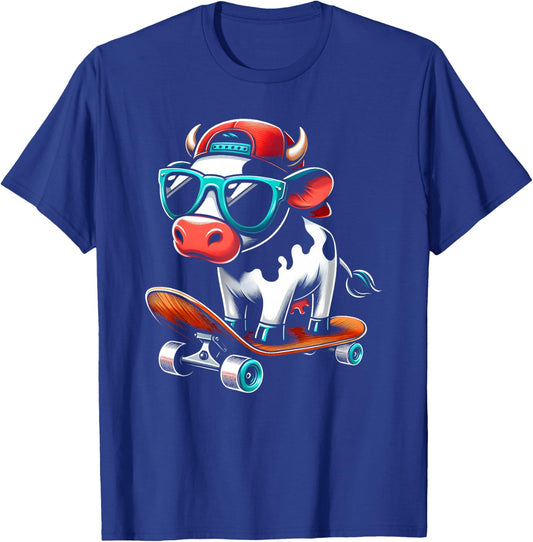 Kids Cow On A Skateboard Skater Boys T-Shirt - T-Shirt | Royal