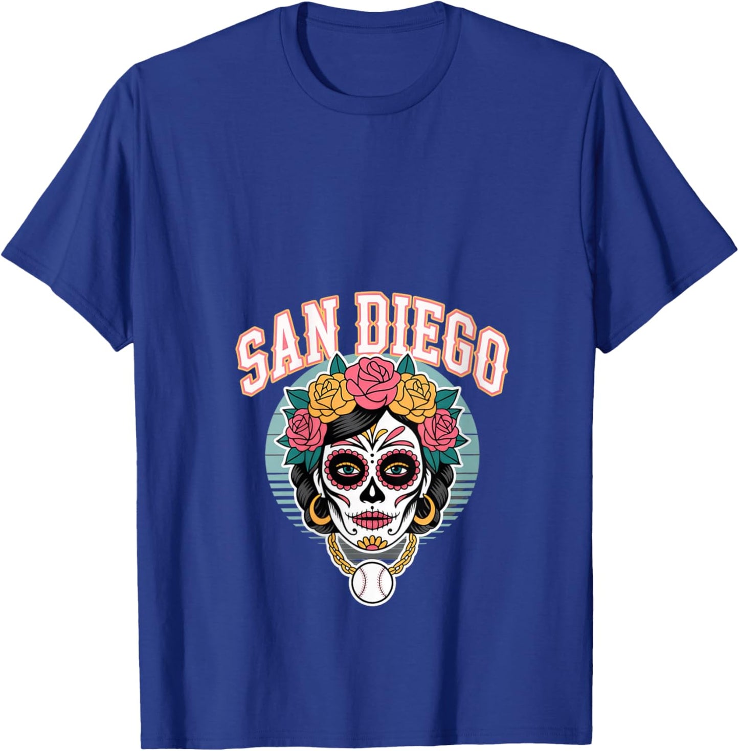 Women's San Diego Sugar Skull Flower City Baseball V-Neck T-Shirt - T-Shirt | Royal