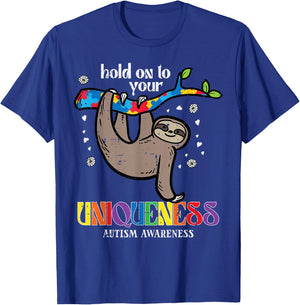 Hold On Uniqueness Autism Sloth Awareness ASD Men Women Kids T-Shirt - T-Shirt | Royal