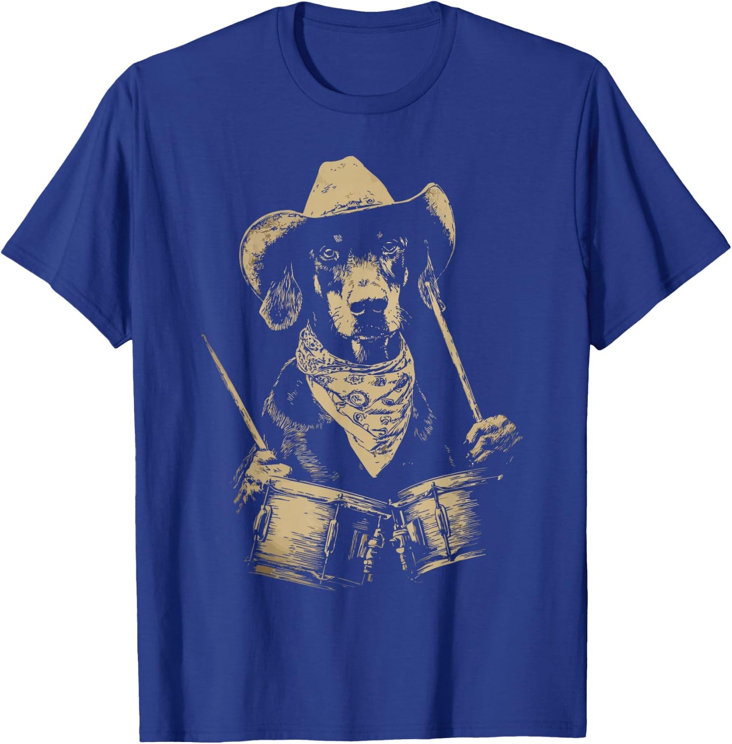Cute Doberman Playing Drums Funny Cowboy Dog Western Drummer T-Shirt - T-Shirt | Royal