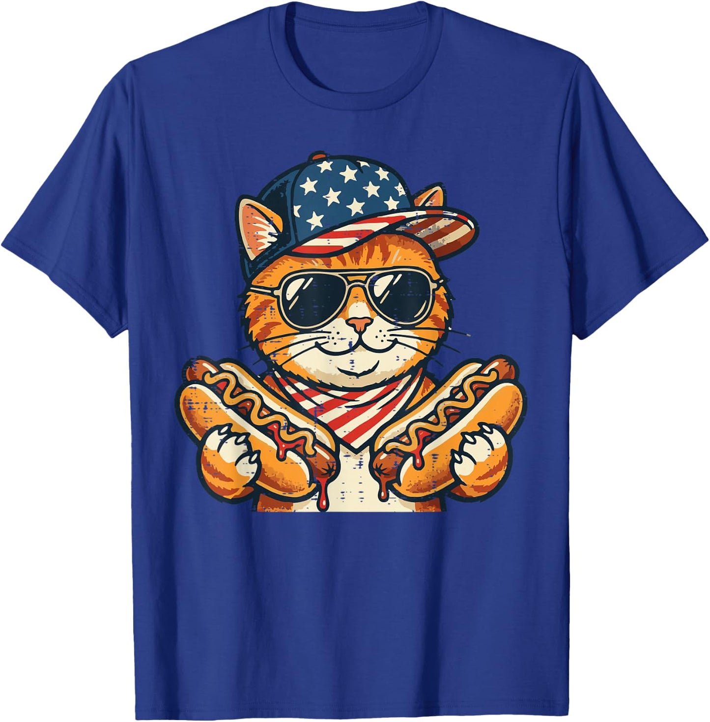 4th of July Cat Hotdog US Flag Cap Patriotic Men Women Kids T-Shirt - T-Shirt | Royal