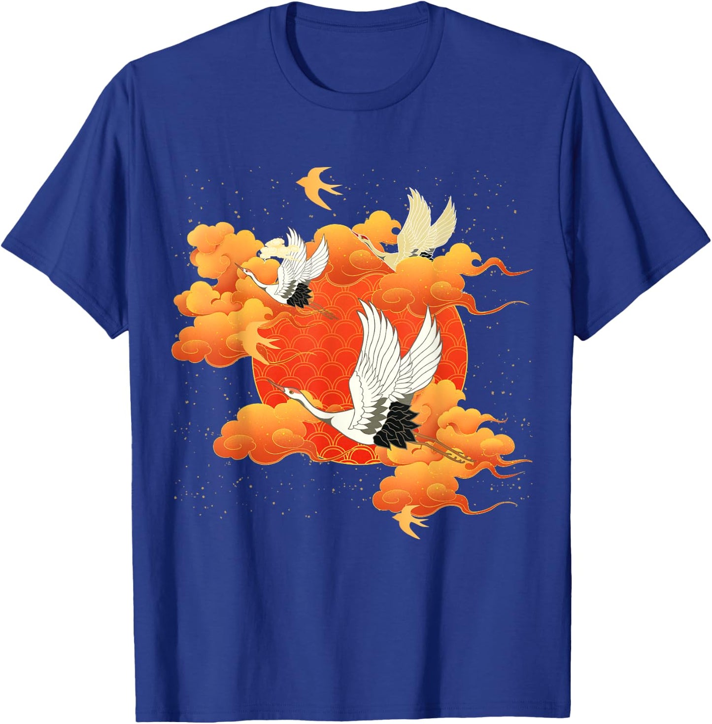 Flying Crane Bird Red Clouds and Sun Japanese Chinese Art T-Shirt - T-Shirt | Royal