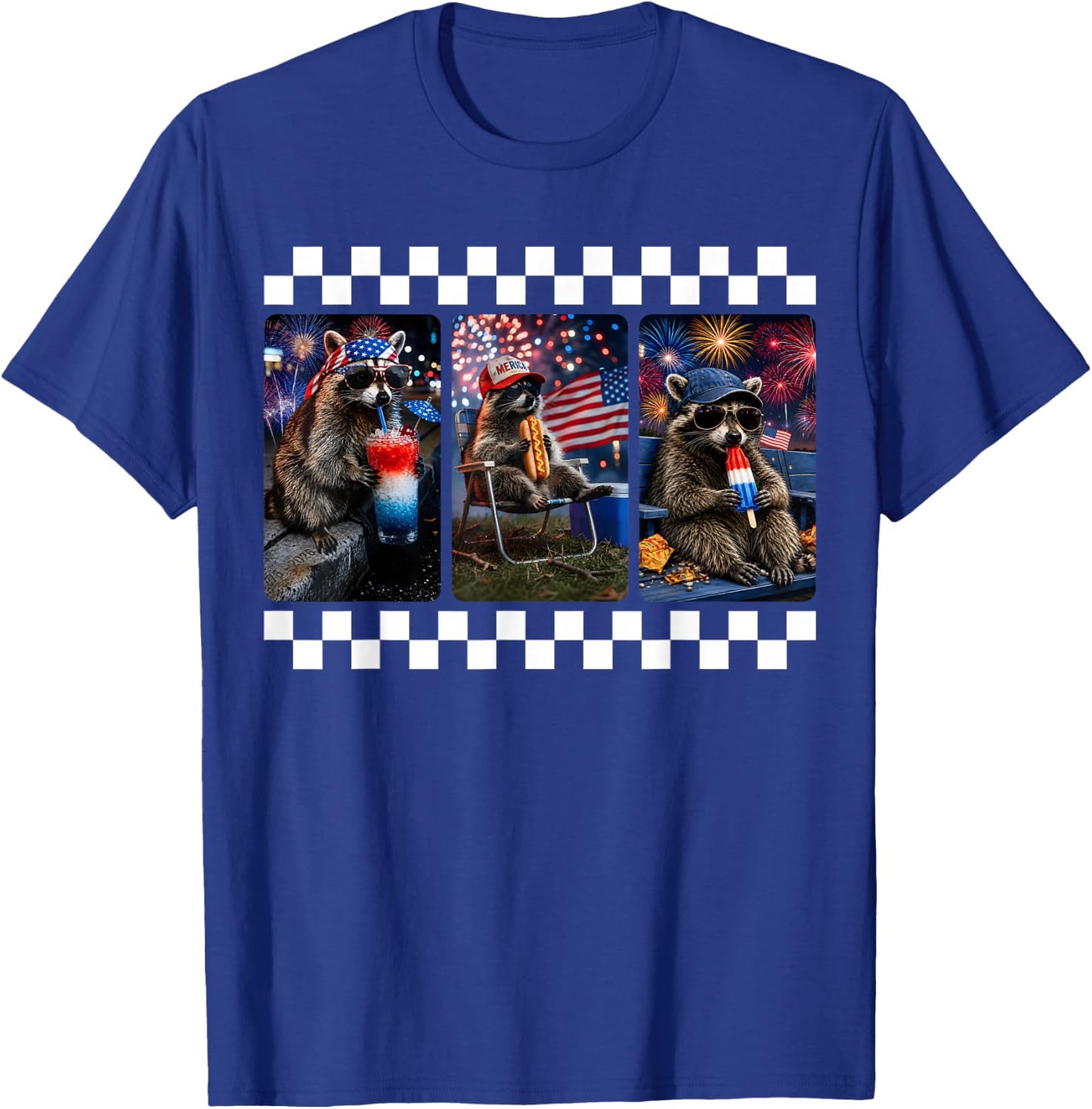 Funny Raccoon 4th of July Fireworks Patriotic USA Men Women T-Shirt - T-Shirt | Royal