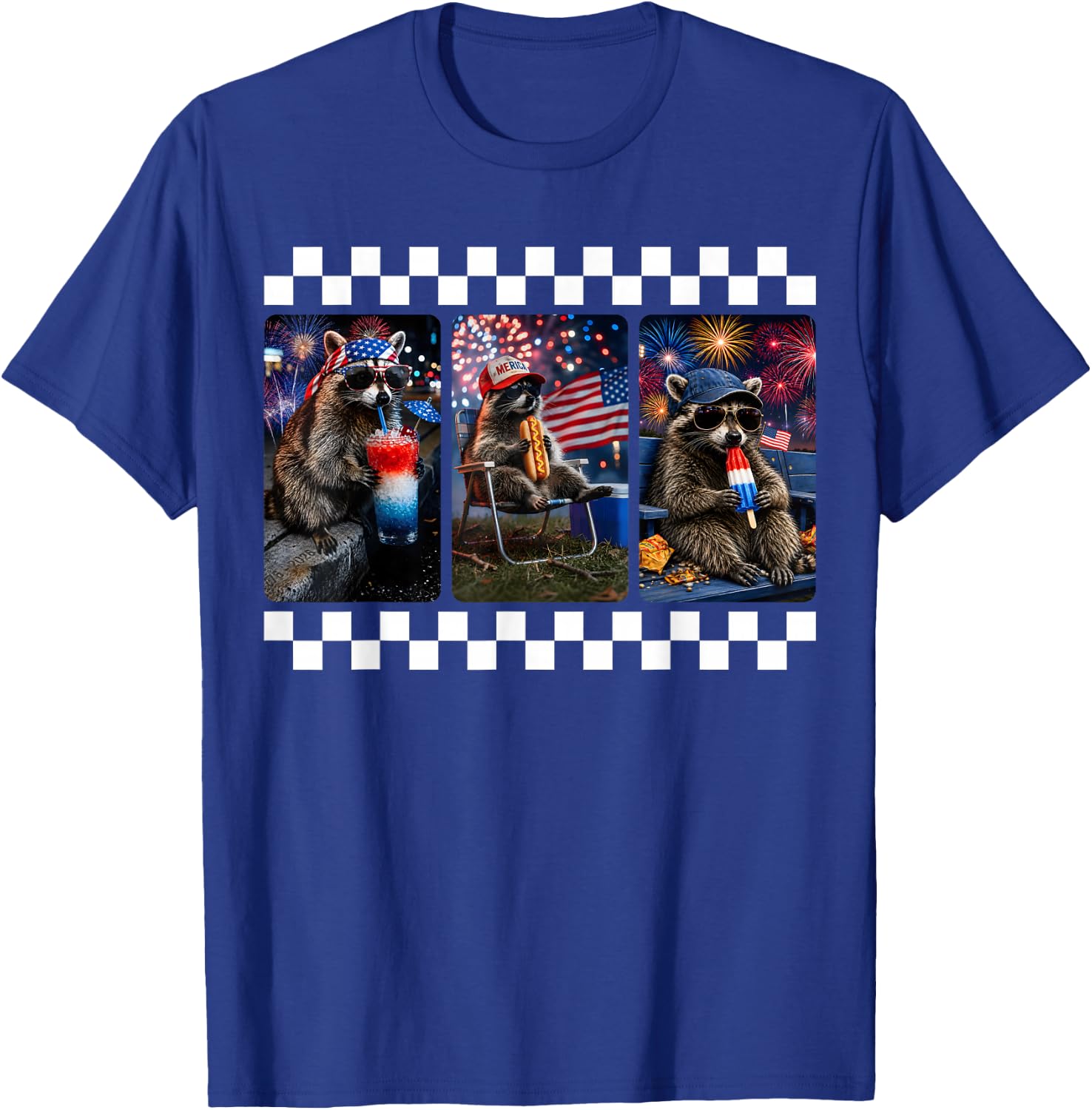 Funny Raccoon 4th of July Fireworks Patriotic USA Men Women T-Shirt - T-Shirt | Royal