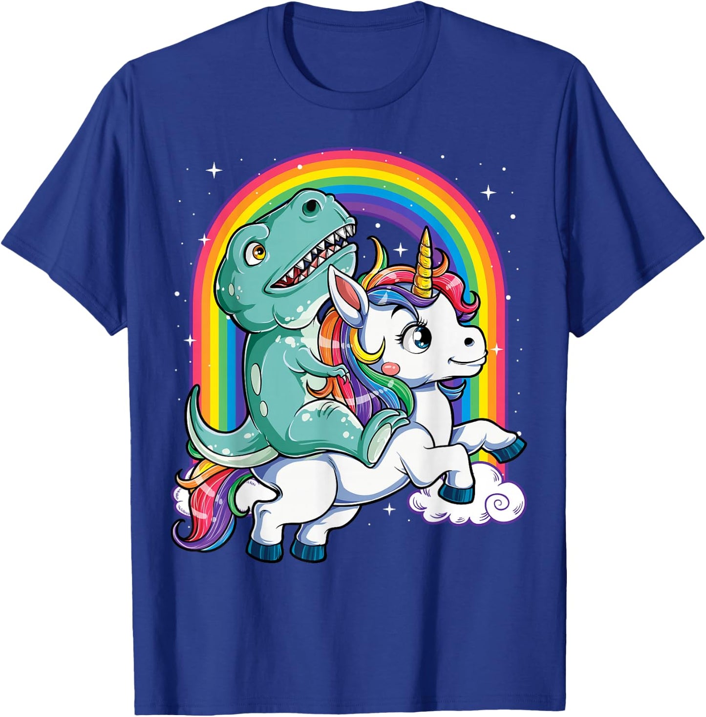 Dinosaur Riding Unicorn Funny T-rex Boys Men Rainbow Galaxy T-Shirt - T-Shirt | Royal