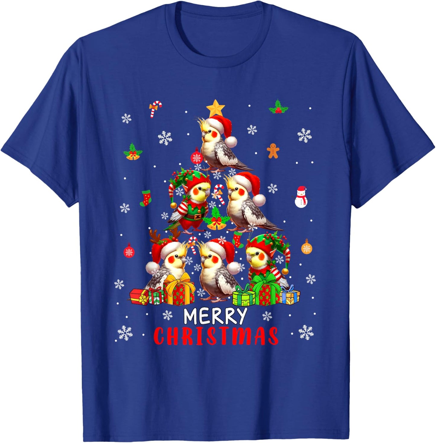 Merry Christmas Group Santa Elf Cockatiels As Xmas Tree Bird T-Shirt - T-Shirt | Royal