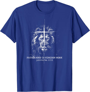 Fatherhood is Kingdom Work Retro Faith Based Lion Cross T-Shirt - T-Shirt | Royal