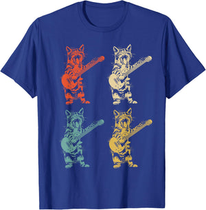 Retro Cat Rocker Kitty Plays Guitar Rockstar Guitarist , Black T-Shirt - T-Shirt | Royal