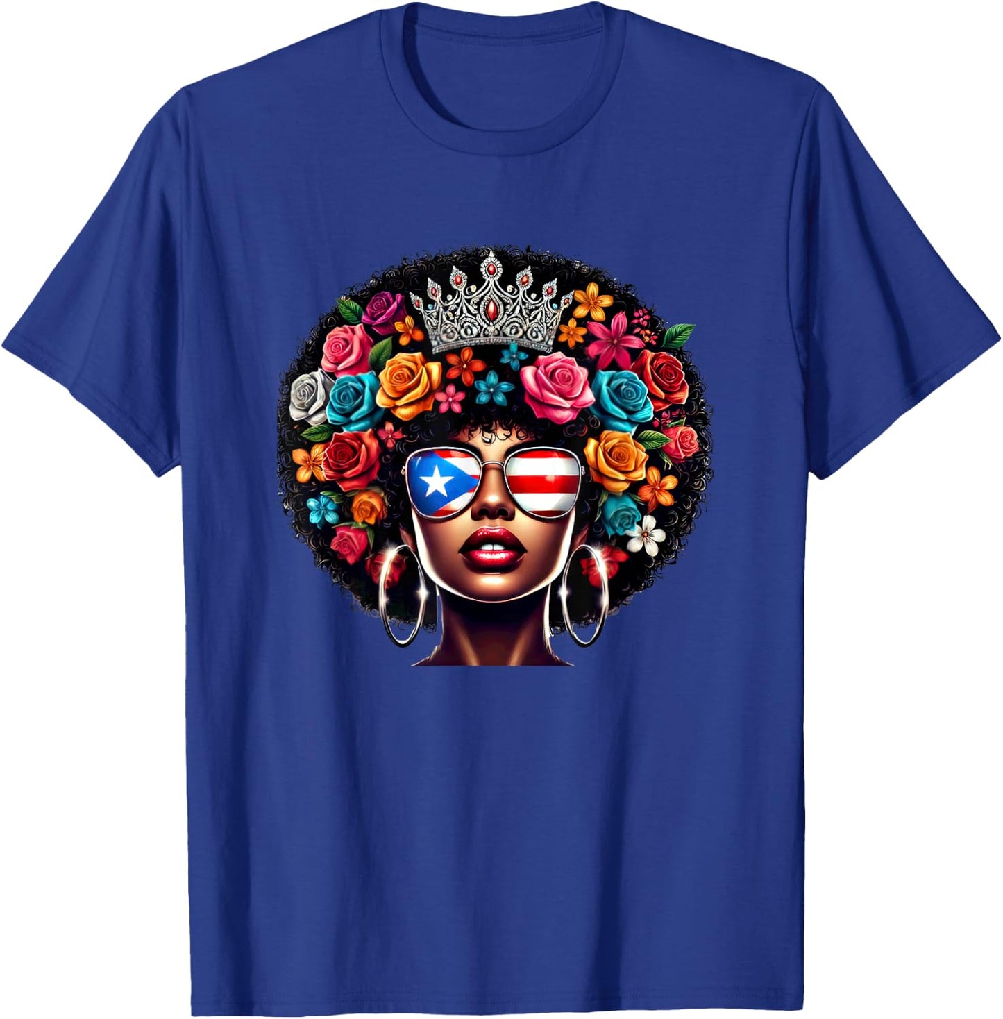 Afro Boricua Queen Crown Flowers Sunglasses Puerto Rico Flag T-Shirt - T-Shirt | Royal