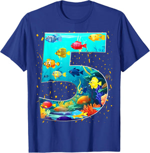5th Birthday Party 5 Year Old Sea Fish Aquarium Birthday Boy T-Shirt - T-Shirt | Royal